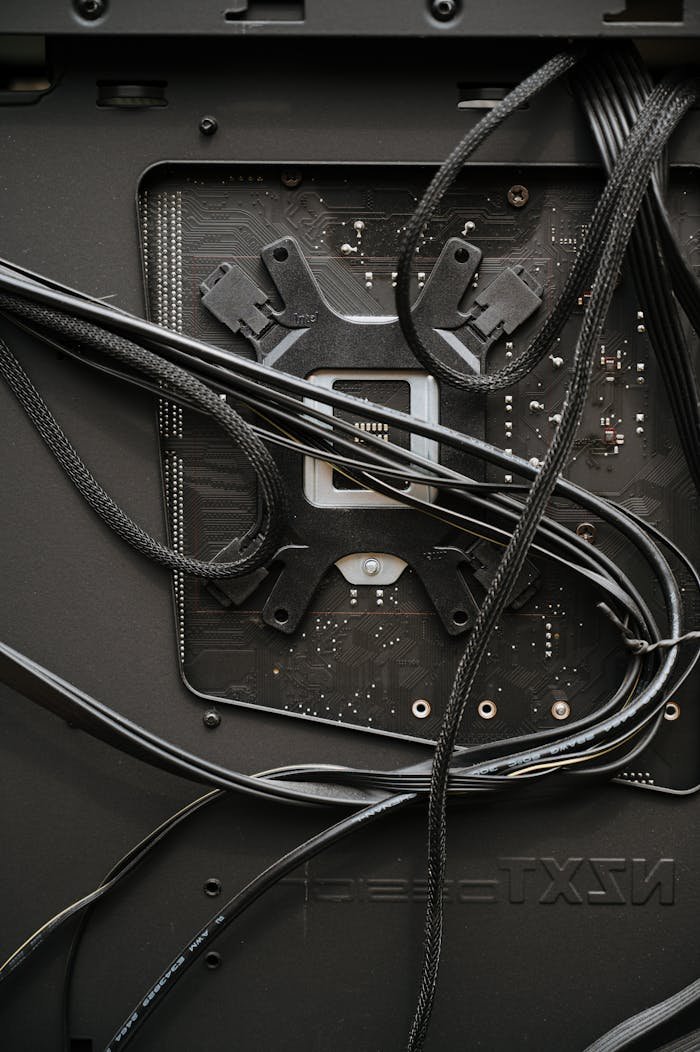 services-03 Detailed view of internal computer components and cables for maintenance or assembly.